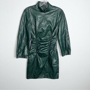 Zara Dress Women XS Faux Leather Emerald Green Ruched Mini 3/4 Sleeve B8